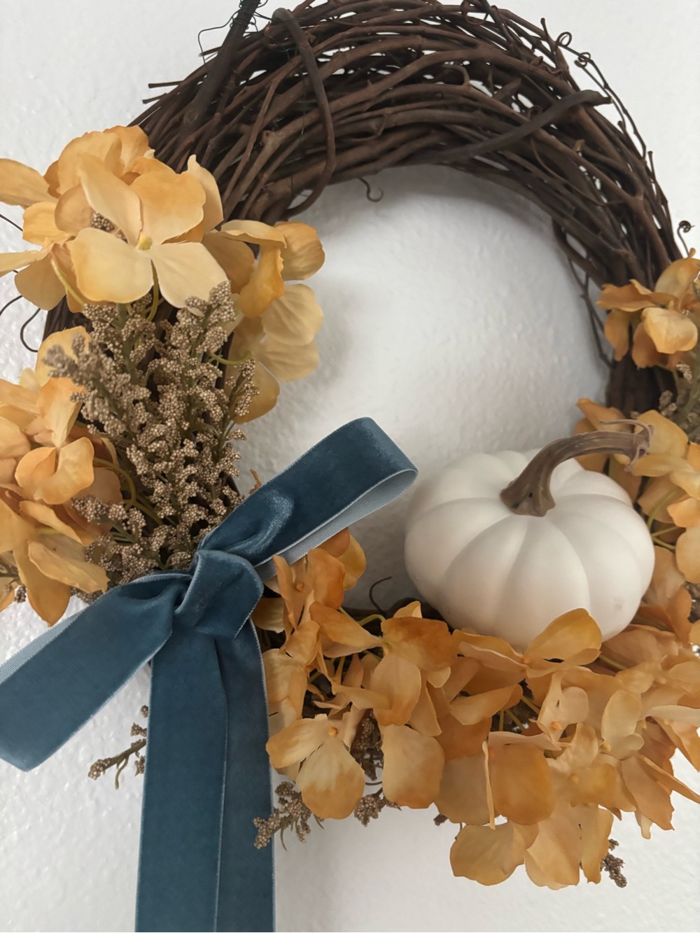Autumn Hydrangeas Fall Harvest Wreath Pumpkin Hand Crafted w/Blue Custom Final